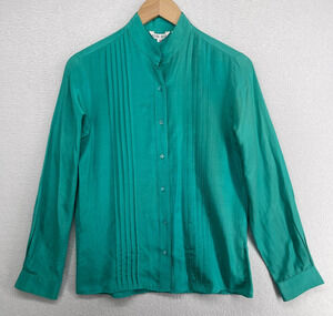 ROYAL SILK Top Womens 8 Silk Cotton Shirt Pintuck Mandarin Button Up Green VTG